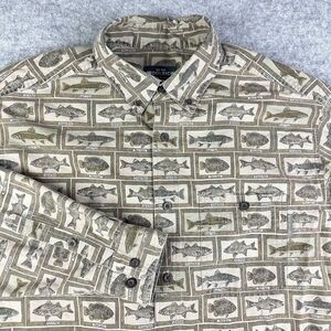 Woolrich Shirt Mens XL Button Down Khaki Fish Frames Long Sleeve Cotton Outdoors